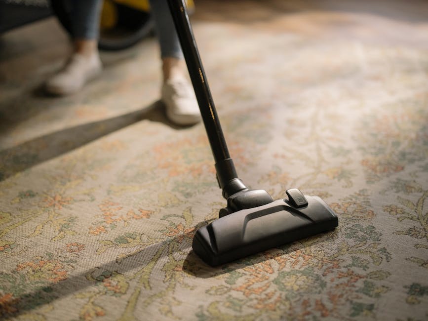 A person is using a black vacuum cleaner to deep clean a patterned, plush area rug with floral motifs in a well-lit room. The vacuum head is pressed firmly onto the rug, which has a mix of pastel colo